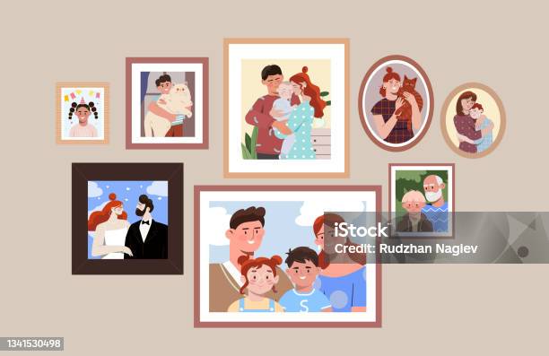 Set Of Family Photo Portraits In Frames Of Different Shapes On Plain Pastel Wall Stock Illustration - Download Image Now