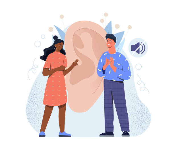 Mal and female deaf characters are talking with hand gestures on white background Mal and female deaf characters are talking with hand gestures on white background. Ear and mute sign. Concept of hearing loss, communication, sign language. Flat cartoon vector illustration gesturing stock illustrations