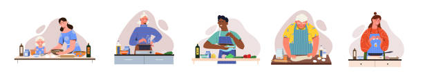 Cute set with male and female characters cooking different dishes on white background. Cute set with male and female characters cooking different dishes on white background. Concept of scenes with different people cooking together at cooking contest. Flat cartoon vector illustration cooking stock illustrations