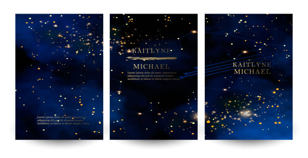 ilustraciones, imágenes clip art, dibujos animados e iconos de stock de noche mágica cielo azul oscuro con estrellas brillantes invitación de boda vectorial. galaxia de andrómeda. - formal