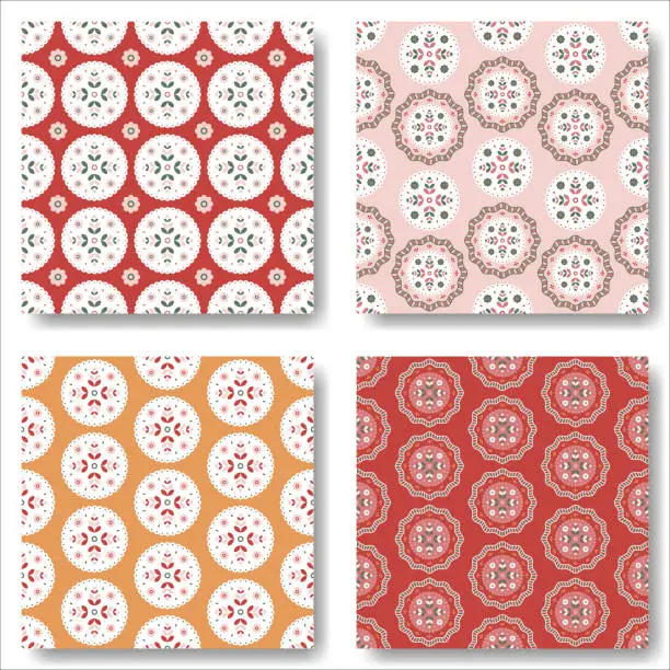 Vector illustration of Boho style seamless pattern set. Cute and cozy cottagecore vector backgrounds