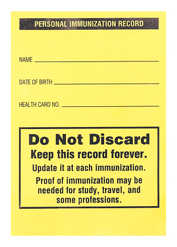 Close up of a personal immunization card.