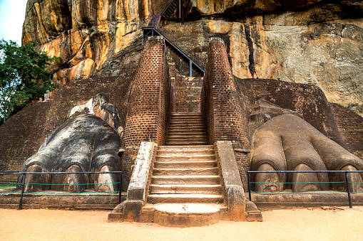 The Lions Paw Rock entrance at Sigiriya Rock fortress at Lion Rock in Sigiriya in a sunny day, Sri Lanka