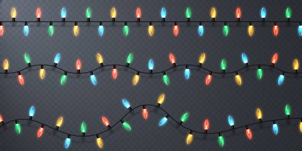 Christmas lights, isolated design elements. Holiday glowing lights. Colorful garland lights. Differently colored electric lights spaced evenly along a cable. Christmas lights, isolated design elements. Holiday glowing lights. Colorful garland lights. Differently colored electric lights spaced evenly along a cable. fairy lights stock illustrations
