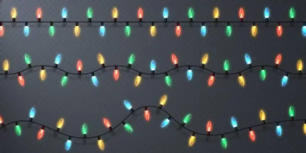 Vector illustration of Christmas lights, isolated design elements. Holiday glowing lights. Colorful garland lights. Differently colored electric lights spaced evenly along a cable.