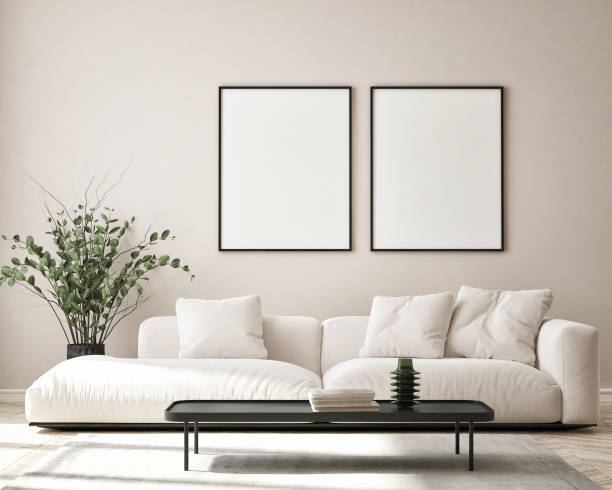 istock mock up poster frame in modern interior background, living room, Scandinavian style, 3D render, 3D illustration 1341535799