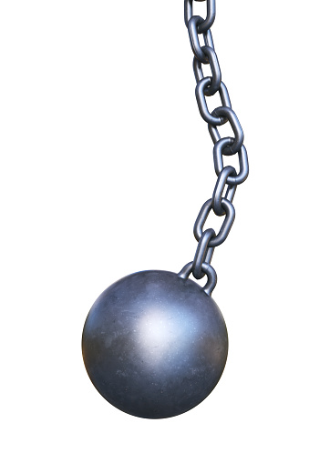 A vertical hanging chain and ball isolated on white background.