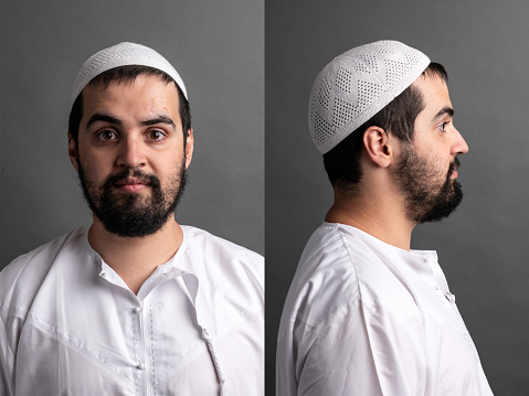 Serious muslim young man front and profile mugshots