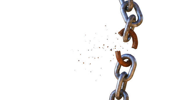 istock A vertical shiny chain with a rusty link in the process of breaking, isolated on a white background. 1341536846