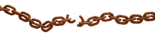 Rusty old chain with a crumbling link and broken in two, isolated on a white background. Wide horizontal composition. Rusty old chain with a crumbling link and broken in two, isolated on a white background. Wide horizontal composition. broken chain stock pictures, royalty-free photos & images