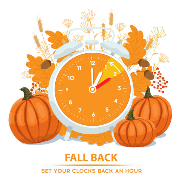 Daylight Saving Time ends concept. Clock Backward vector illustration with changing hands of clocks Daylight Saving Time ends concept. Vector illustration of turning alarm clock in autumn decoration. Fall Back time vector illustration with reminder text - set your clocks back an hour. the end stock illustrations