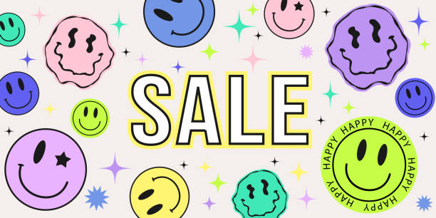 ilustrações de stock, clip art, desenhos animados e ícones de cool abstract collage of sale banner with hipster stickers of smile face in acid design. retro pop psychedelic background with stickers. vector illustration of promotion poster, discount deal - happy faces