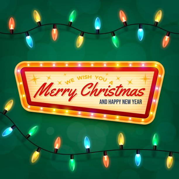 Merry Christmas and Happy New Year. Vintage marquee sign with illuminated frame. Green background, differently colored electric lights spaced evenly along a cable. Merry Christmas and Happy New Year. Vintage marquee sign with illuminated frame. Green background, differently colored electric lights spaced evenly along a cable. christmas casino stock illustrations