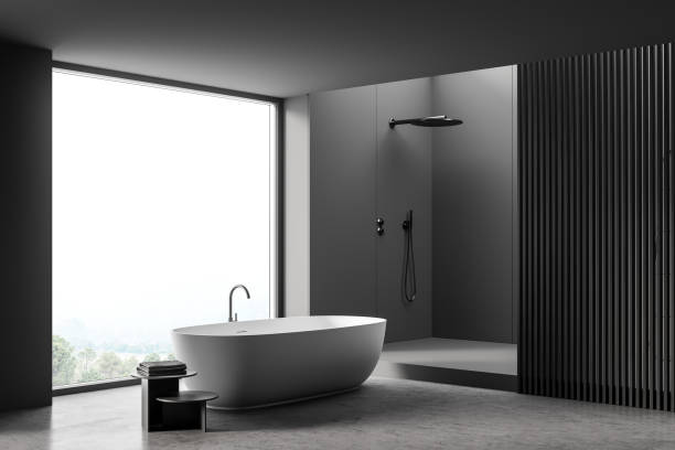 istock Corner of panoramic dark grey bathroom space with partition 1341547636