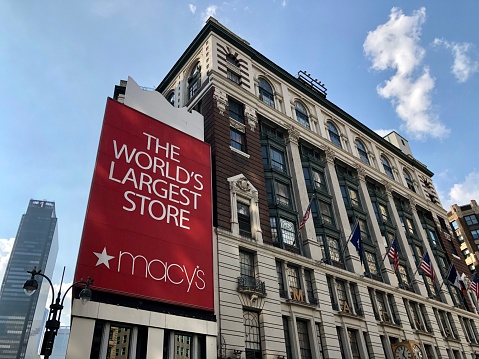 Manhattan, New York City, New York United States - August 25 2021: Macys clothing megastore street shopping building logo.