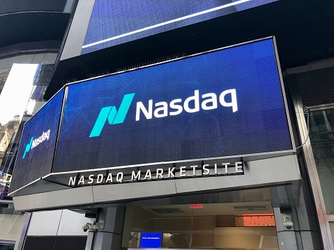 New York City, New York United States - August 29 2021: NASDAQ, National Association of Securities Dealers Automated Quotations corporate logo sign near Times Square.