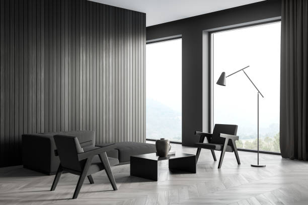 istock Corner of panoramic dark grey living room with lined wall 1341548346