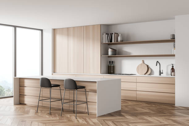istock Light white corner of panoramic kitchen with open shelves and black detail 1341548632