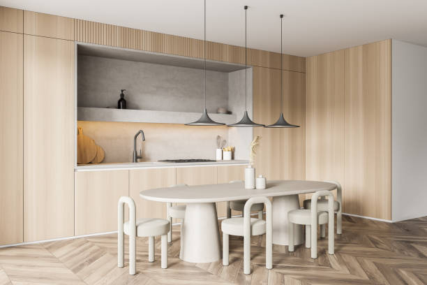 istock Minimalist kitchen with niche and beige table. Corner view. 1341549081