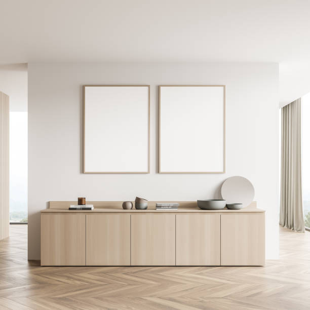 istock Two banners in the light beige living room with partition wall, sideboard 1341551237