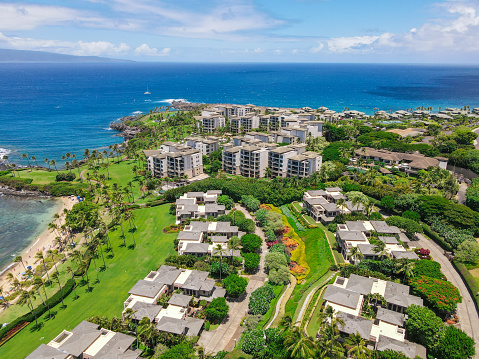 Aerial view of tropical destination with white sand and turquoise water. Kapalua coast in Maui, Hawaii.