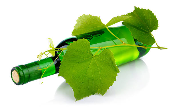 istock Bottle of wine with grape leaves isolated on white 134156048