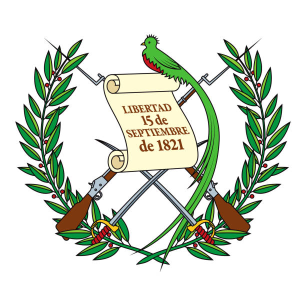Republic of Guatemala Coat of Arms The Coat of Arms of the Republic of Guatemala. File is built in the CMYK color space for optimal printing, and can easily be converted to RGB without any color shifts. puerto quetzal guatemala stock illustrations