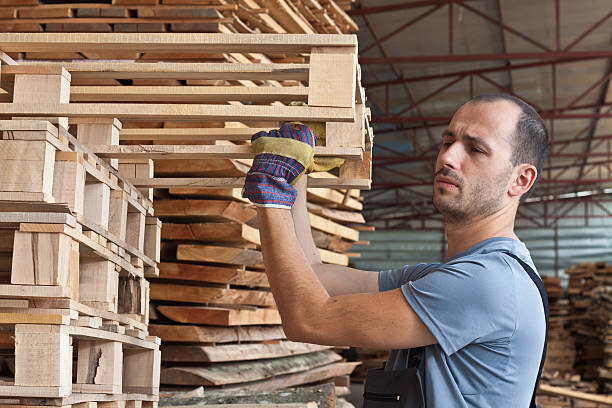 Man arranging pallets, horizontal shot Man arranging beech pallets in a warehouse, horizontal shot pallet stock pictures, royalty-free photos & images