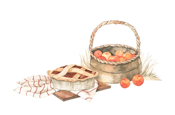 Watercolor Autumn harvest illustrations with apple basket, apple pie and yellow grass. Fall elements. Eco Farm. Perfect for invitations, greeting cards, posters, prints, social media Watercolor Autumn harvest illustrations with apple basket, apple pie and yellow grass. Fall elements. Eco Farm. Perfect for invitations, greeting cards, posters, prints, social media winter rye stock illustrations