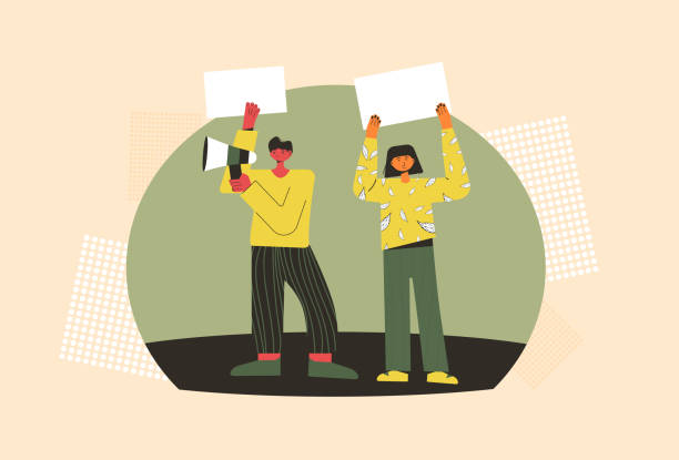 People taking part protest, parade or rally. Protest. People holding placards. Persons standing together with blank banners. Two characters with banners taking part in parade, picket, protests. Social activism. Vector illustration. climate protest stock illustrations