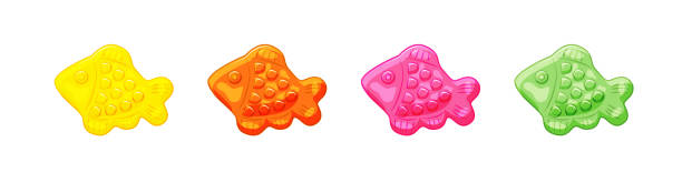 istock Fish  jelly vitamins candy set. Healthy gummy sweets. Vector cartoon illustration on a white isolated background. 1341564626