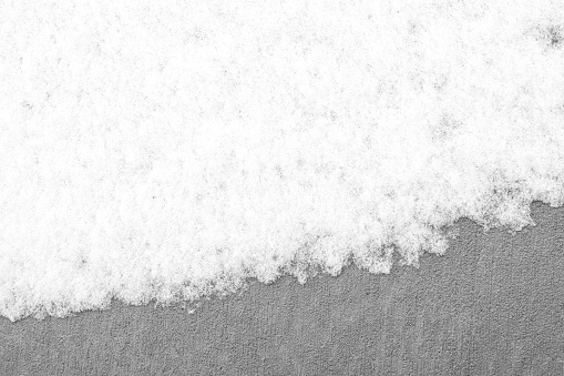 Ice, fuzzy white snow covered on grey concrete surface floor. Abstract background in winter season, soft light snow similar to curve of wave on the coast. Minimal and contrast concept, negative space