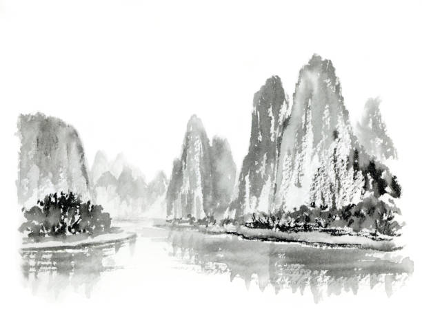 Ink painting illustration of mountains and lakes Ink painting illustration of mountains and lakes in China guilin hills stock illustrations