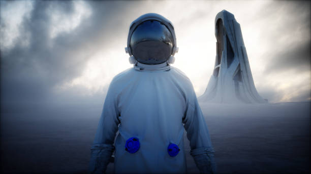 istock Lonely astronaut in futuristic apocalyptic city. 3d rendering. 1341571356