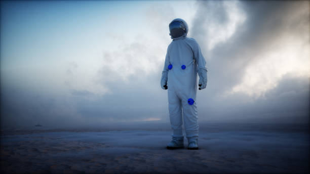 istock Lonely astronaut in futuristic apocalyptic city. 3d rendering. 1341571359