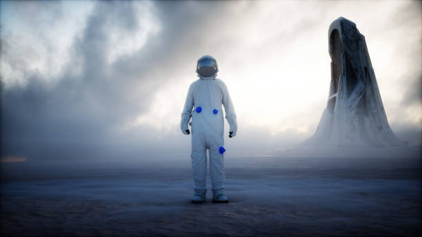 istock Lonely astronaut in futuristic apocalyptic city. 3d rendering. 1341571361