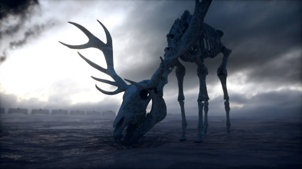 istock Ecology pollution concept. Dirty dark atmosphere. Deer skeleton. Ecological problem. Factory smoke. 3d rendering. 1341571380