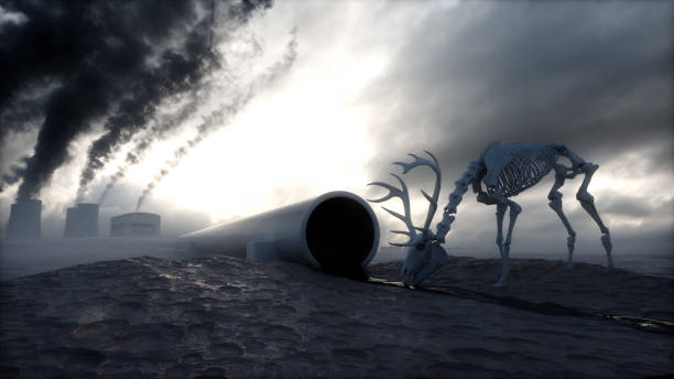istock Ecology pollution concept. Dirty dark atmosphere. Deer skeleton. Ecological problem. Factory smoke. 3d rendering. 1341571389