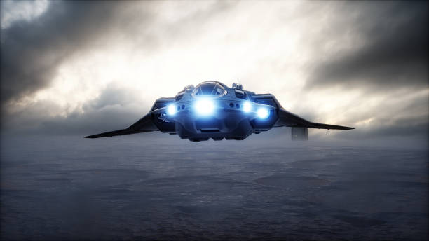 istock futuristic ship landing in apocalyptic desert. 3d rendering. 1341571985