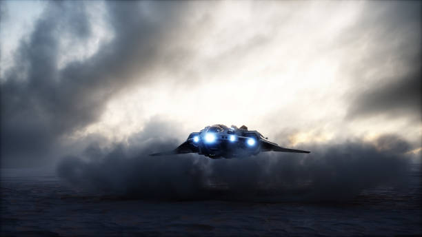 istock futuristic ship landing in apocalyptic desert. 3d rendering. 1341571989