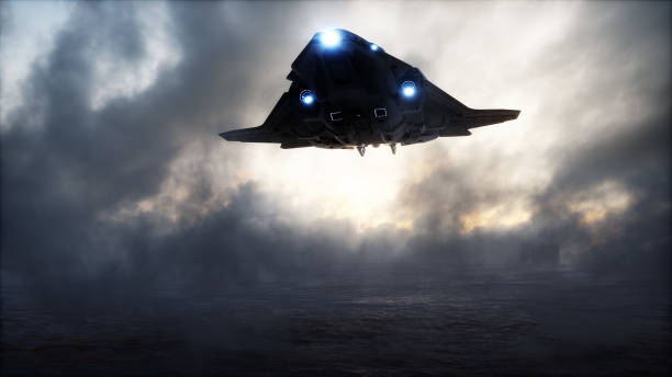istock futuristic ship landing in apocalyptic desert. 3d rendering. 1341571992