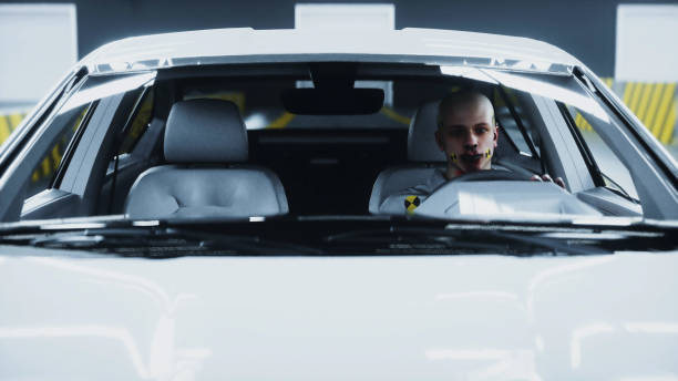 istock Generic 3d car crash test with people driver. Car destruction. 3d rendering. 1341572103