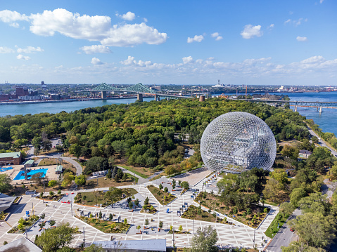 Aerial view of Montreal Biosphere in summer sunny day. Jean-Drapeau park, Saint Helens Island. A museum dedicated to the environment.