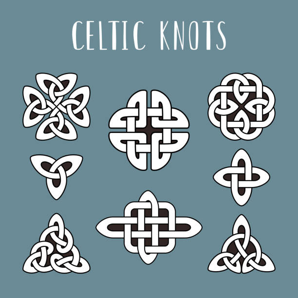 Celtic knots. Beautiful celtics knot symbols, eternal trinity trefoil unity energy interconnected knotted icons isolated on color background, tribal irish celt loops vector signes Celtic knots. Beautiful celtics knot symbols, eternal trinity trefoil unity energy interconnected knotted icons isolated on color background, tribal irish celt loops vector signes illustration celtic shamrock tattoos stock illustrations