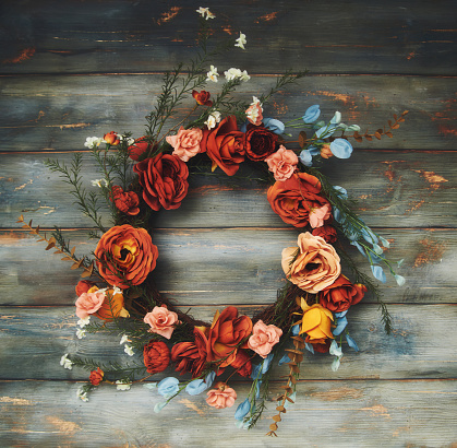 Rustic Wood Background with Fall Wreath of Roses