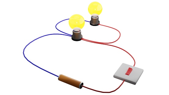 A parallel circuit in 3D rendering. A parallel circuit has two or more paths for current to flow through. Voltage is the same across each component of the parallel circuit.