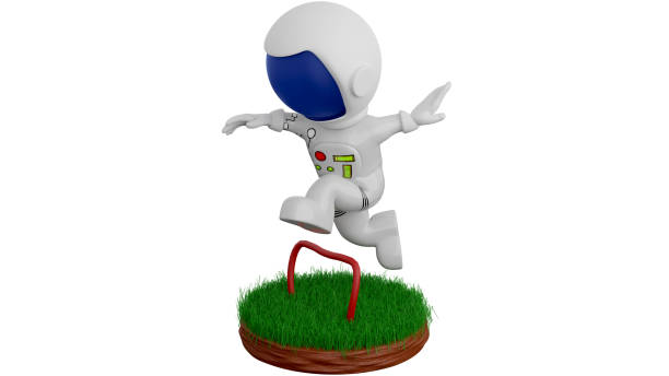 istock 3D Cartoon Astronaut Jumping Over The Grass and An Obstacle 1341577184