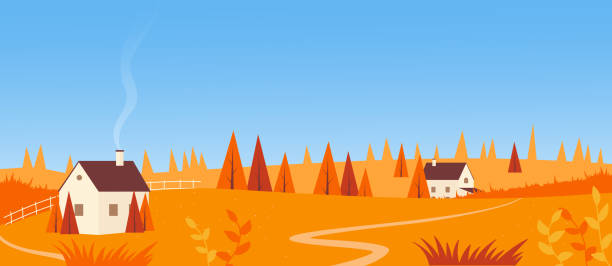 ilustrações de stock, clip art, desenhos animados e ícones de autumn landscape, rustic road to countryside farmhouse cottage with chimney and smoke - forest hut window autumn