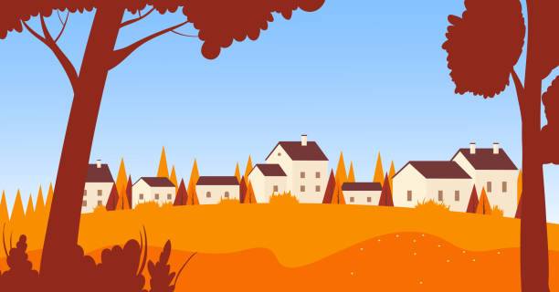 가을 마을, 마을 또는 도시 풍경, 주거 건물 주택스카이라인 - skyline silhouette cityscape residential district stock illustrations