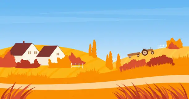 Vector illustration of Autumn landscape with farm house, road and tractor on agriculture field, village scene